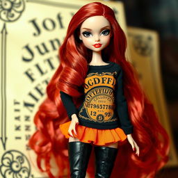 A fashionable Bratz doll with captivating black eyes and long wavy red hair flowing elegantly down her back