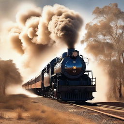 A high-quality poster featuring a powerful steam train engine in the heart of the Australian Outback