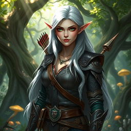 A fantasy DnD character art of Lucira, a female elf with long flowing silver hair and emerald green eyes, wearing intricate leather armor adorned with elven runes