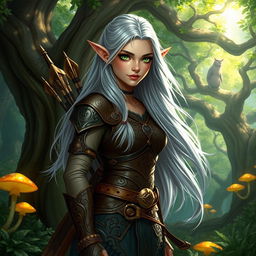 A fantasy DnD character art of Lucira, a female elf with long flowing silver hair and emerald green eyes, wearing intricate leather armor adorned with elven runes