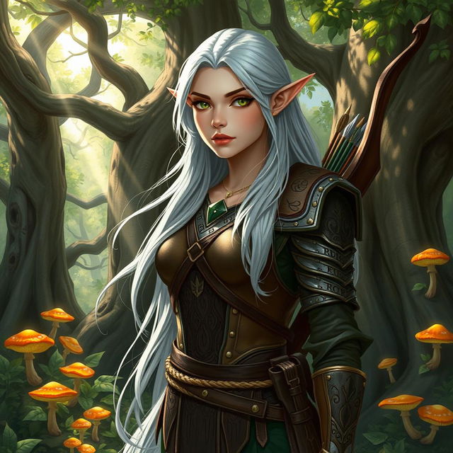 A fantasy DnD character art of Lucira, a female elf with long flowing silver hair and emerald green eyes, wearing intricate leather armor adorned with elven runes