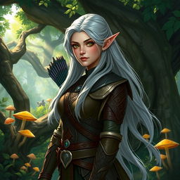 A fantasy DnD character art of Lucira, a female elf with long flowing silver hair and emerald green eyes, wearing intricate leather armor adorned with elven runes