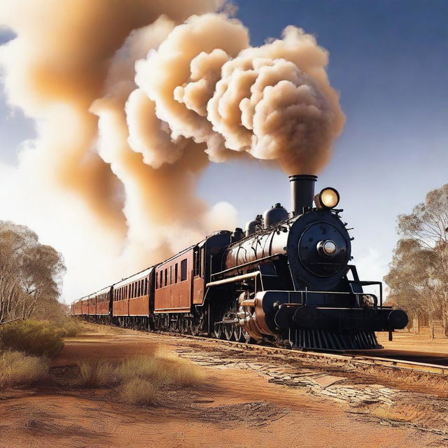 A high-quality poster featuring a powerful steam train engine in the heart of the Australian Outback