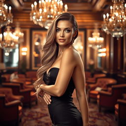 A beautiful and alluring woman in a glamorous evening gown, elegantly posed in a luxurious setting filled with soft lighting