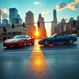 A dynamic scene of two cars coming from opposite directions, elegantly crossing each other in the middle of a vibrant city intersection