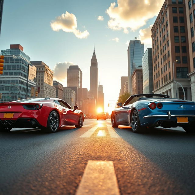 A dynamic scene of two cars coming from opposite directions, elegantly crossing each other in the middle of a vibrant city intersection