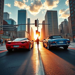 A dynamic scene of two cars coming from opposite directions, elegantly crossing each other in the middle of a vibrant city intersection