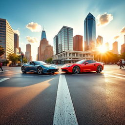 A dynamic scene of two cars coming from opposite directions, elegantly crossing each other in the middle of a vibrant city intersection