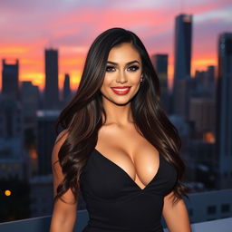 A stunningly attractive woman with long, flowing brunette hair, wearing a stylish black dress that accentuates her curves