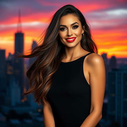 A stunningly attractive woman with long, flowing brunette hair, wearing a stylish black dress that accentuates her curves