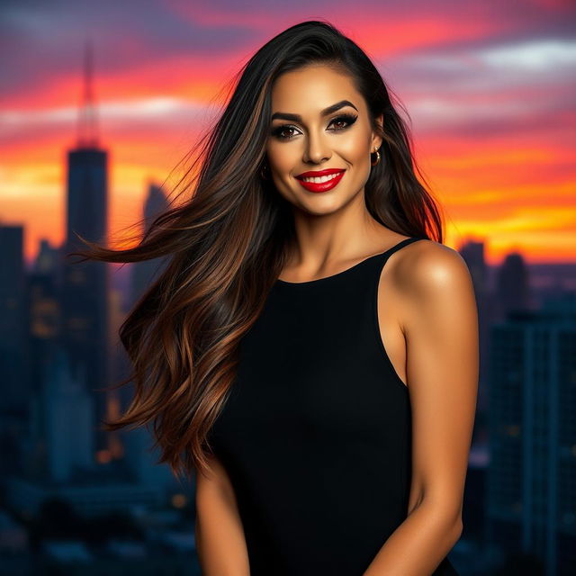 A stunningly attractive woman with long, flowing brunette hair, wearing a stylish black dress that accentuates her curves