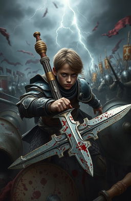 A young warrior clad in dented armor, eyes blazing with determination, navigating through a chaotic medieval battlefield