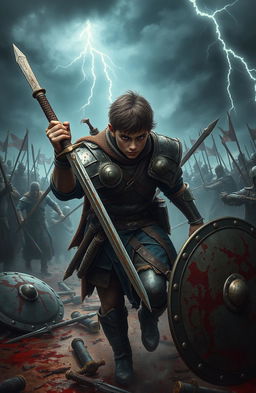 A young warrior clad in dented armor, eyes blazing with determination, navigating through a chaotic medieval battlefield