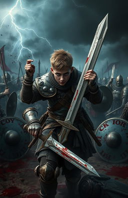 A young warrior clad in dented armor, eyes blazing with determination, navigating through a chaotic medieval battlefield