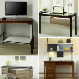 A selection of sleek and functional computer tables designed for a modern bedroom space, featuring various styles, colors, and materials.