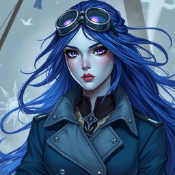 In the style of D&D character art, a striking female figure named Lucira with sleek silver skin and ethereal indigo hair that seems to float gently around her