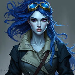 In the style of D&D character art, a striking female figure named Lucira with sleek silver skin and ethereal indigo hair that seems to float gently around her