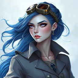 In the style of D&D character art, a striking female character named Lucira with sleek silver skin and enchanting indigo hair that appears to float softly around her