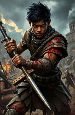 A young warrior with dark skin, striking black hair, and piercing gold eyes fiercely fights on a chaotic medieval battlefield