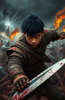 A young warrior with dark skin, striking black hair, and piercing gold eyes fiercely fights on a chaotic medieval battlefield