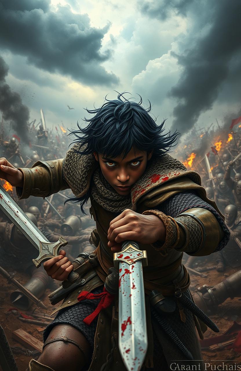 A young warrior with dark skin, striking black hair, and piercing gold eyes fiercely fights on a chaotic medieval battlefield