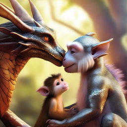 A high-quality digital art image depicting a majestic dragon tenderly caring for a small monkey