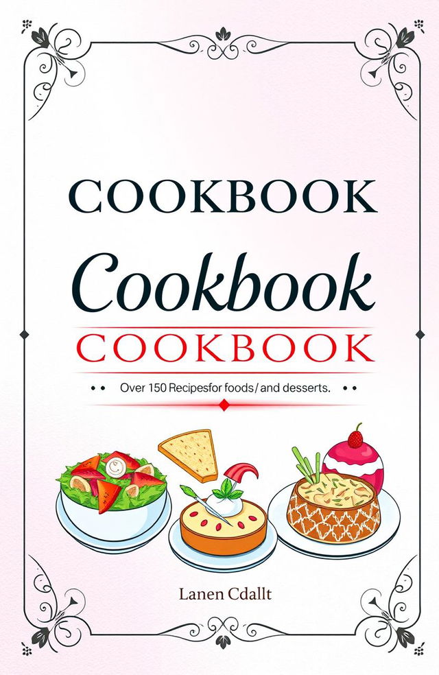 An elegant and modern cookbook cover featuring over 150 recipes for food and desserts