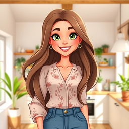 A beautiful housewife character, styled as a digital avatar