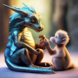 A high-quality digital art image depicting a majestic dragon tenderly caring for a small monkey