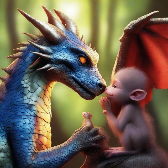 A high-quality digital art image depicting a majestic dragon tenderly caring for a small monkey