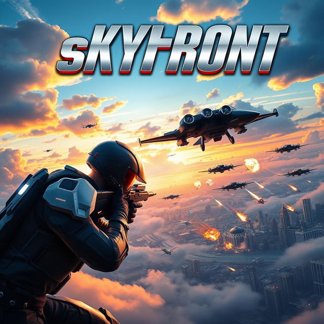 The art cover for a first-person shooter video game titled "SkyFront" featuring a dynamic and intense aerial battle scene