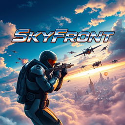 The art cover for a first-person shooter video game titled "SkyFront" featuring a dynamic and intense aerial battle scene