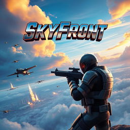 The art cover for a first-person shooter video game titled "SkyFront" featuring a dynamic and intense aerial battle scene