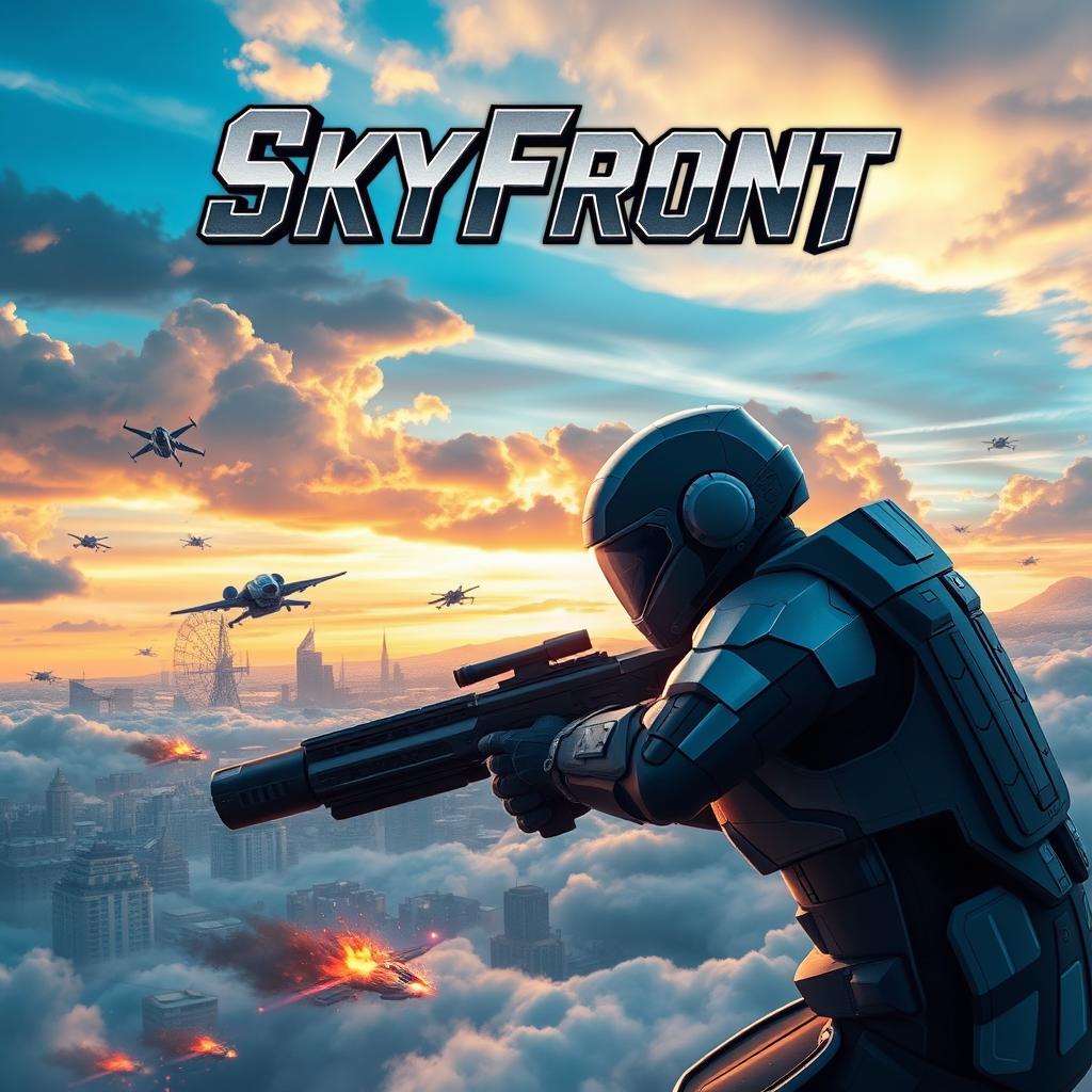 The art cover for a first-person shooter video game titled "SkyFront" featuring a dynamic and intense aerial battle scene