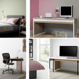 A selection of sleek and functional computer tables designed for a modern bedroom space, featuring various styles, colors, and materials.