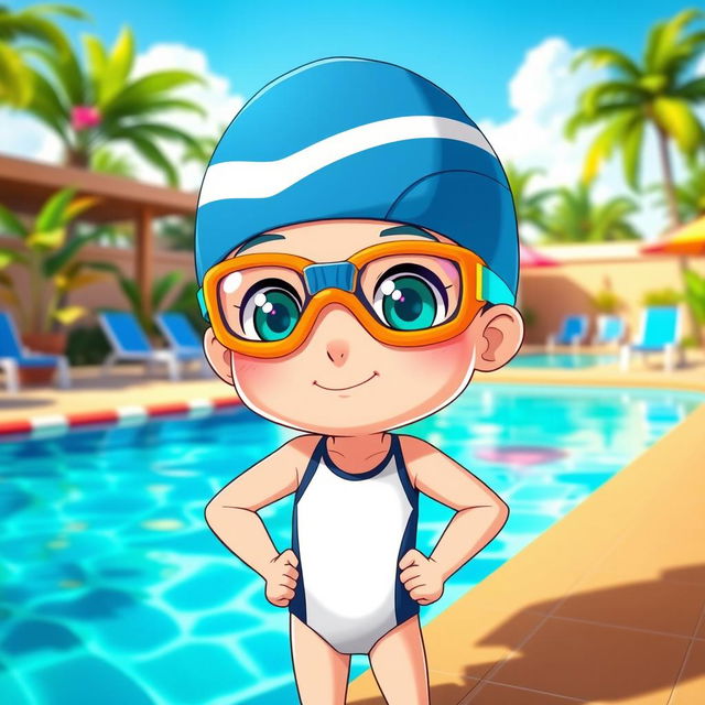 An animated character wearing bright swimming goggles and a stylish swimming cap, standing confidently at the edge of a swimming pool