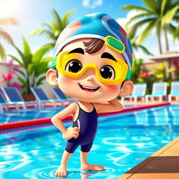 An animated character wearing bright swimming goggles and a stylish swimming cap, standing confidently at the edge of a swimming pool