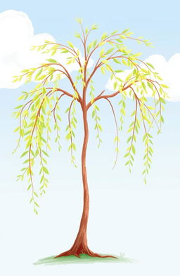 A simple drawn willow tree, featuring long, wispy branches that elegantly cascade down, creating a soft and serene atmosphere