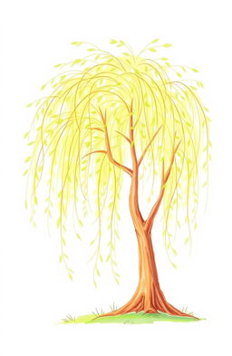 A simple drawn willow tree, featuring long, wispy branches that elegantly cascade down, creating a soft and serene atmosphere