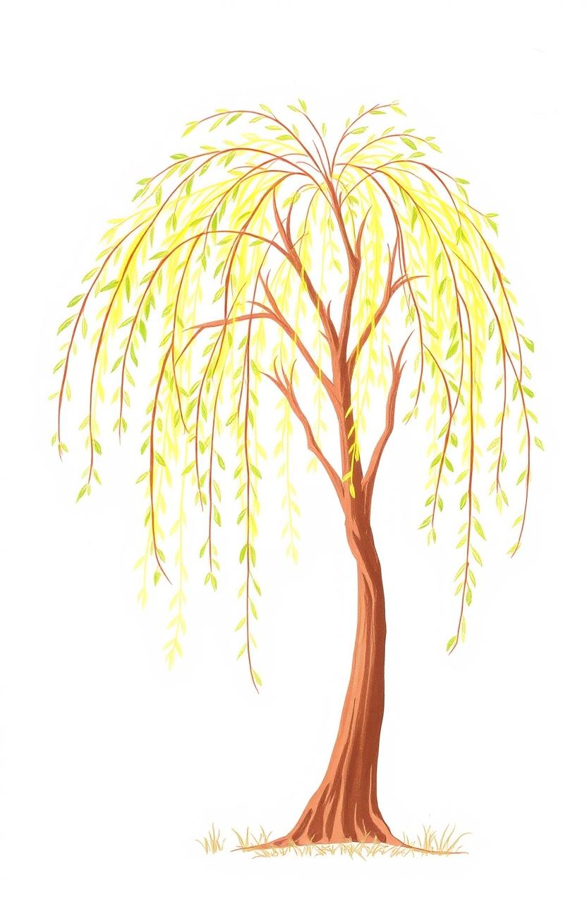A simple drawn willow tree, featuring long, wispy branches that elegantly cascade down, creating a soft and serene atmosphere