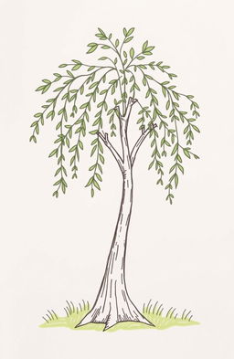 A simple hand-drawn illustration of a willow tree, featuring long, elegant branches that gracefully droop, adorned with lush, leafy foliage