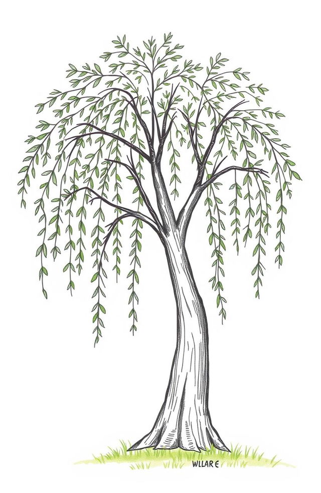 A simple hand-drawn illustration of a willow tree, featuring long, elegant branches that gracefully droop, adorned with lush, leafy foliage