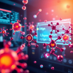 An abstract representation of molecular structures in chemistry, showcasing various nanoparticles and their intricate designs