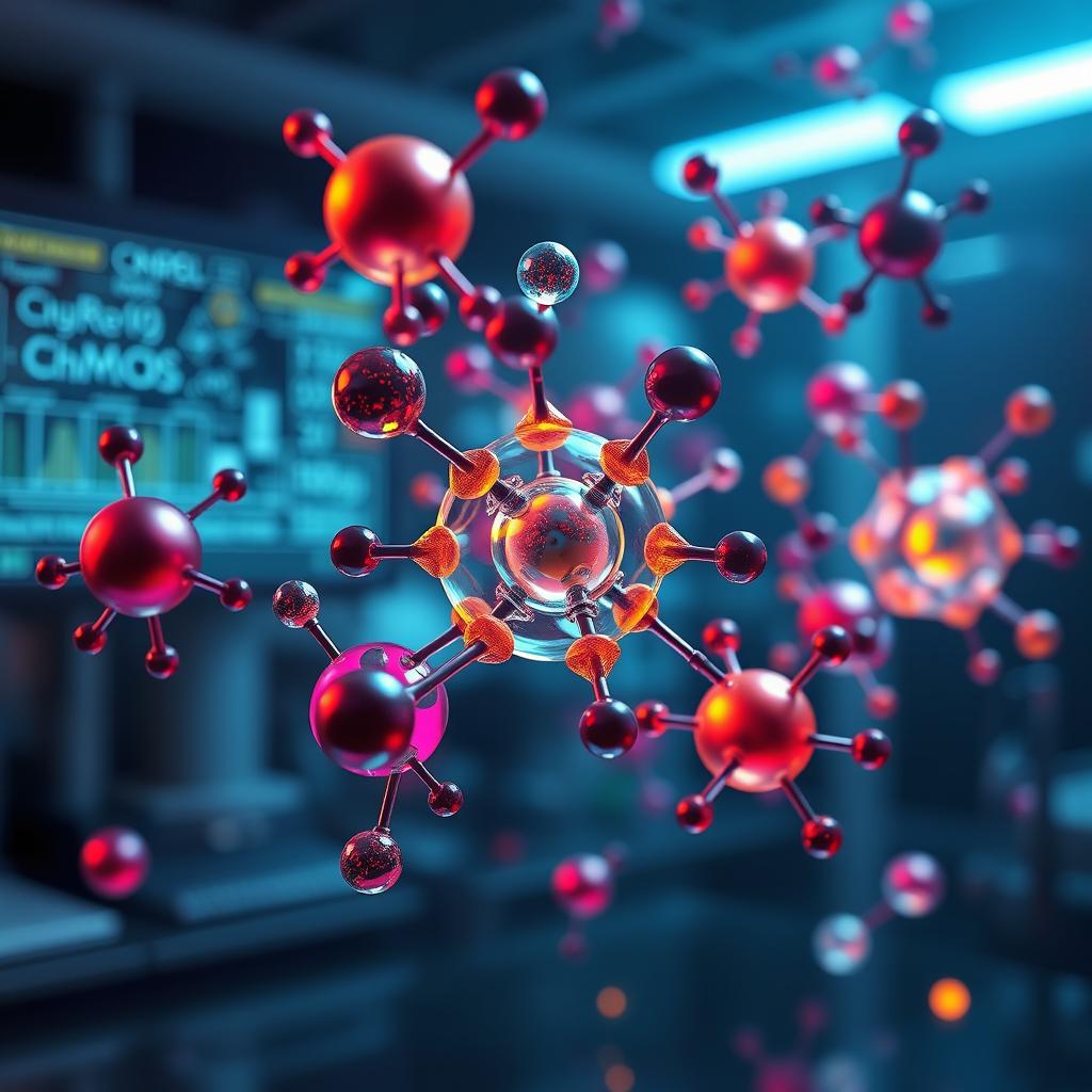 An abstract representation of molecular structures in chemistry, showcasing various nanoparticles and their intricate designs