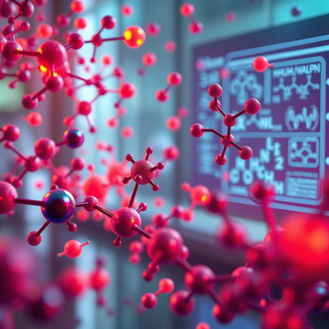 An abstract representation of molecular structures in chemistry, showcasing various nanoparticles and their intricate designs