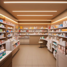 Design an appealing 12x30 feet pharmacy interior showcasing organized medicine shelves, comfortable consultation spaces, and attention-capturing signage