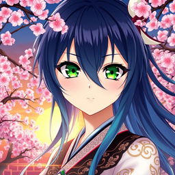 An aloof anime girl with striking features, blending the beauty of Tomoe from Kamisama Kiss and Gin from Hataru Bi no Morie