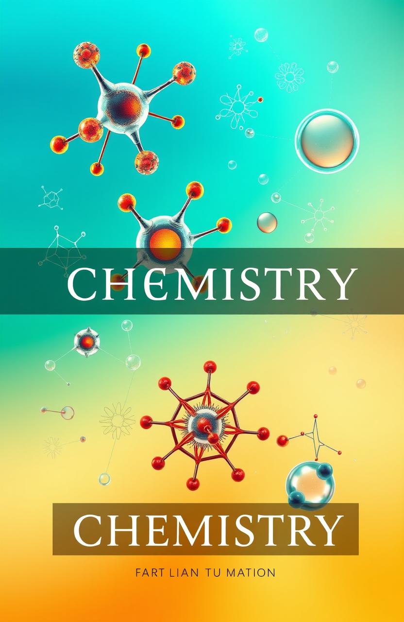 An educational and visually striking cover design for a chemistry textbook, prominently featuring intricate molecular structures and detailed illustrations of nanoparticles