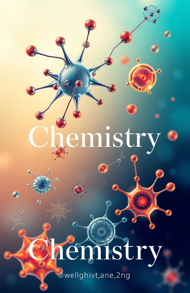 An educational and visually striking cover design for a chemistry textbook, prominently featuring intricate molecular structures and detailed illustrations of nanoparticles