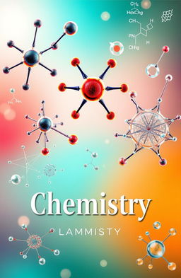 An educational and visually striking cover design for a chemistry textbook, prominently featuring intricate molecular structures and detailed illustrations of nanoparticles